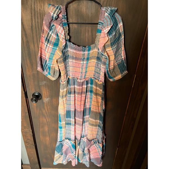 Vineyard Vines Womens Linen Plaid Smocked Midi Dress Multi Color Size S - Picture 3 of 5
